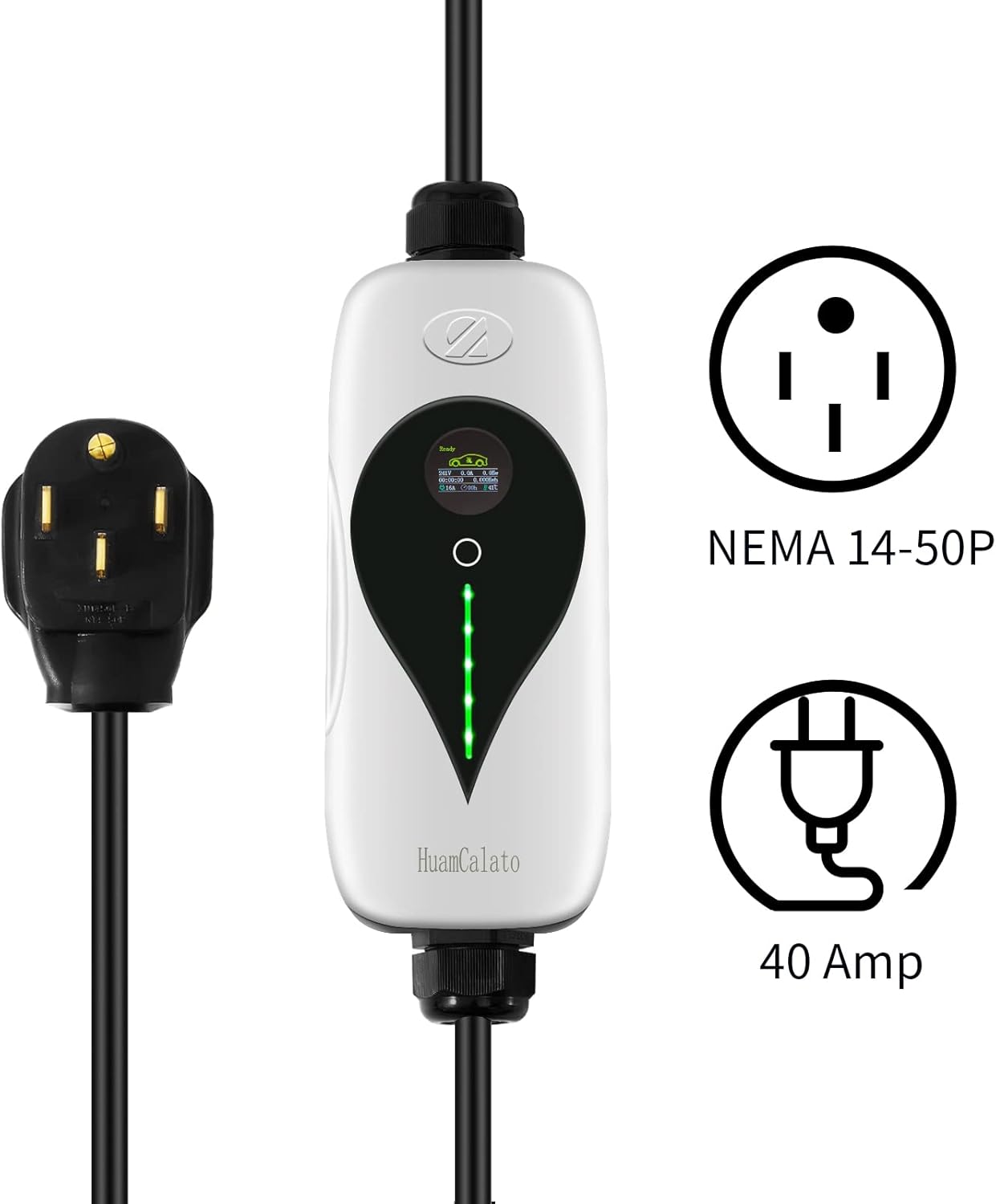 SAE J1772 Portable Level 2 EV Charger, 40 Amp, 9.6KW, 90-260V, 16ft Cable, Nema 14-50 Male Plug, Black, Indoor/Outdoor, Compatible with SAE J1772 EV & PHEV Cars