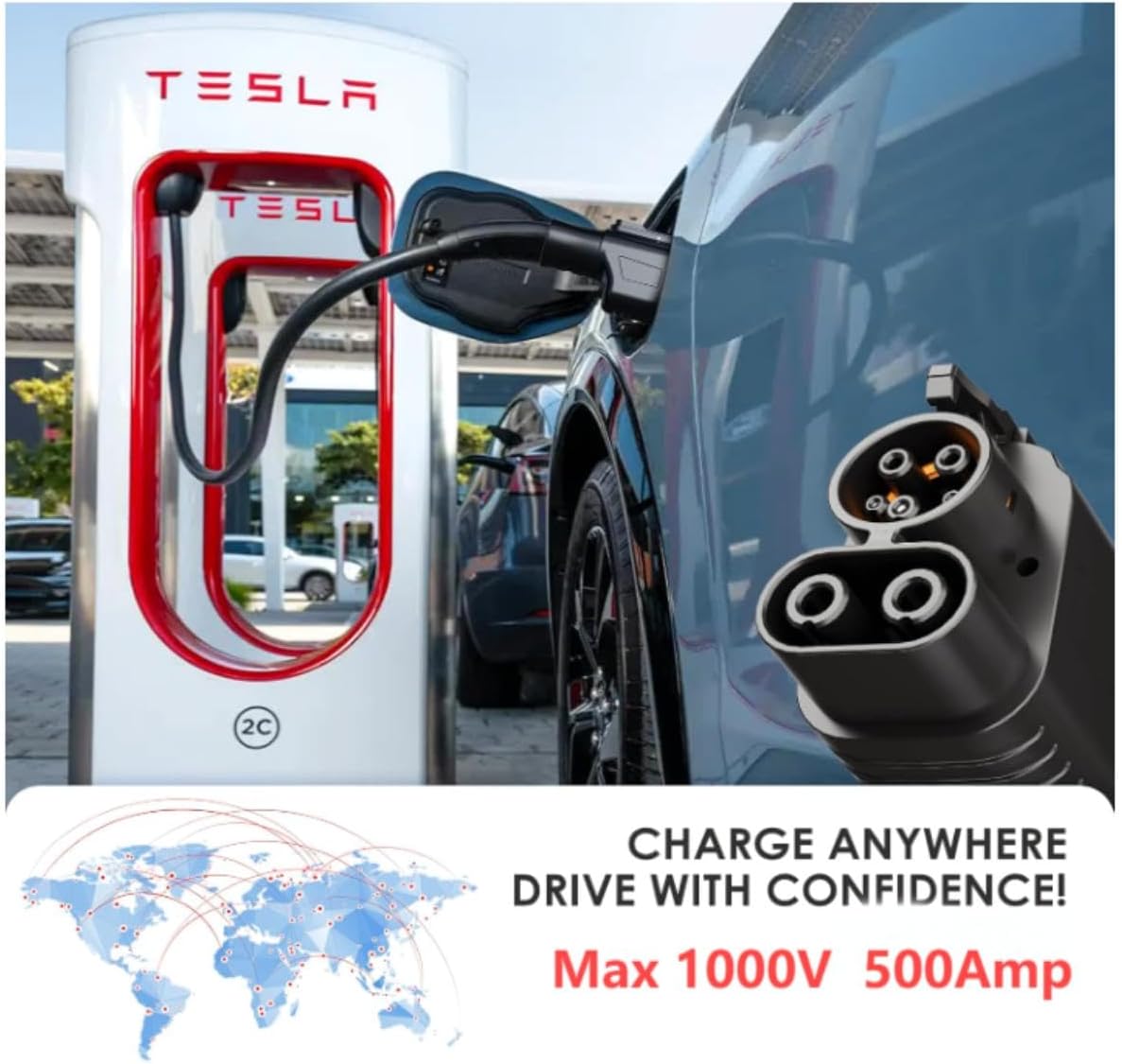 NACS to CCS1 Charging Adapter, Max 1000V, 500Amp, Tesla V1/V2/V3/V4 DC Supercharger Adapter, fit for Rivian,Ford,Mustang,GM EVs,Volvo,Polestar 